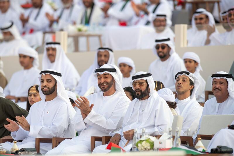 AL WATHBA, ABU DHABI, UNITED ARAB EMIRATES - December 03, 2019: (front L-R) HH Sheikh Mohamed bin Saud bin Saqr Al Qasimi, Crown Prince and Deputy Ruler of Ras Al Khaimah, HH Sheikh Mohamed bin Zayed Al Nahyan, Crown Prince of Abu Dhabi and Deputy Supreme Commander of the UAE Armed Forces and HH Sheikh Tahnoon bin Mohamed Al Nahyan, Ruler's Representative in Al Ain Region, attend the Sheikh Zayed Heritage Festival. Seen with HH Sheikh Sultan bin Hamdan bin Mohamed Al Nahyan (Back R) and HH Sheikh Mansour bin Zayed Al Nahyan, UAE Deputy Prime Minister and Minister of Presidential Affairs (Back 2nd R).

( Abdullah Al Junaibi for the Ministry of Presidential Affairs )
---