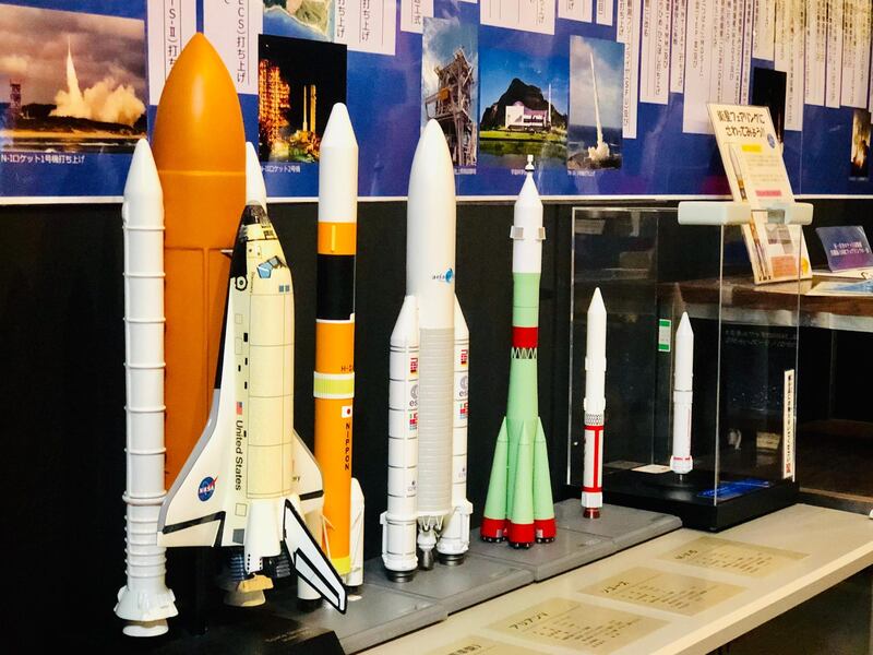Models of rockets at the Rocket Observatory Centre. The Hope probe is launching on the H-IIA rocket (second from left). The National