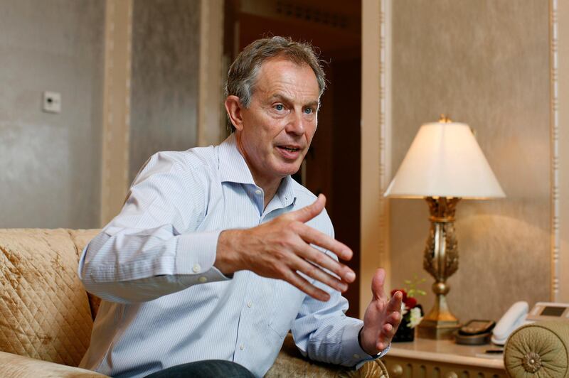 ABU DHABI, UNITED ARAB EMIRATES - March 21, 2009: Former Prime Minister of Britain, Tony Blair talks about the Tony Blair Faith Foundation and the steps needed for peace in Palestine and Israel, seen at Emirates Palace.
( Ryan Carter / The National ) *** Local Caption ***  RC004-TonyBlair.JPGna22mr-Blair.JPG