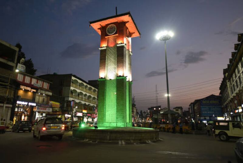 Srinagar's Ghanta Ghar or Clock Tower is illuminated with the Indian tricolour at Lal Chowk ahead of Indian independence day celebrations. Getty Images