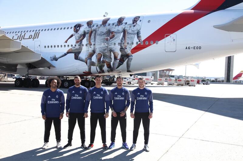 (L-R) Real Madrid players Marcelo, Karim Benzema, Cristiano Ronaldo, Sergio Ramos and Gareth Bale in front of the new Real Madrid Emirates A380 decal. Courtesy Emirates