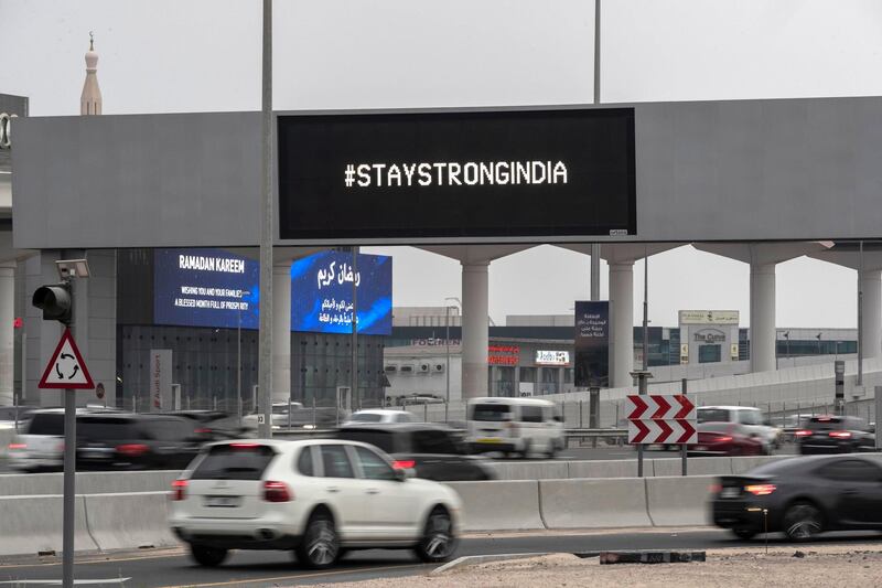 Billboards along Sheikh Zayed highway and other roads in dubai display a message to India to stay strong, #staystrongindia on April 29 th, 2021. 
Antonie Robertson / The National.
Reporter: None for National.