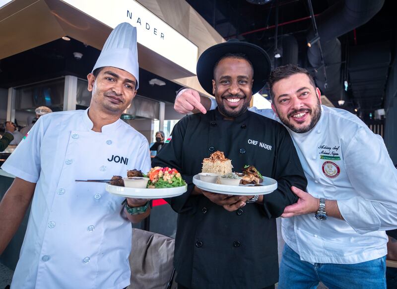 Expo 2020 Dubai is home to pop-up restaurants by 10 acclaimed chefs from the GCC at the Rising Flavours food hub. They include chef Nader Al Aisari, centre, from Oman, and Qatar's Mohamad Najem, right. Victor Besa / The National
