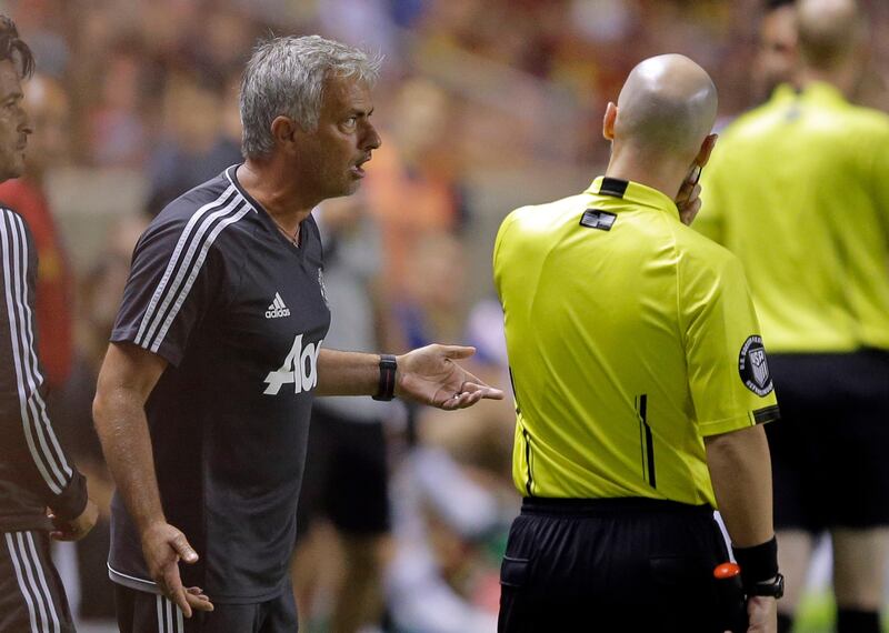 Manchester United coach Jose Mourinho questions a call during the second half of the team's friendly soccer match against Real Salt Lake on Monday, July 17, 2017, in Sandy, Utah. (AP Photo/Rick Bowmer)