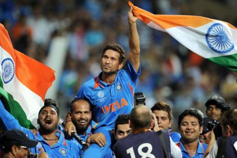 Sachin Tendulkar is carried on his teammates' shoulders after the ICC Cricket World Cup final in 2011.