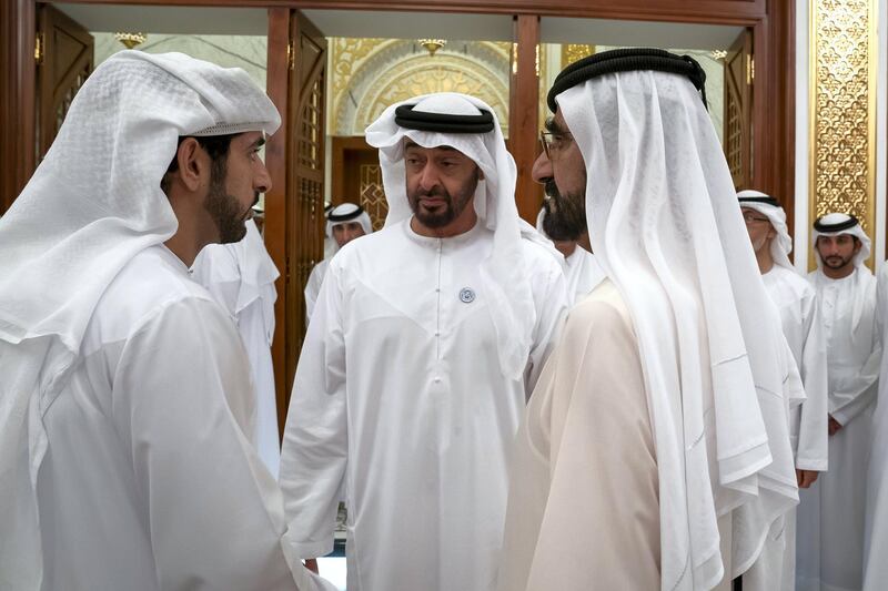 DUBAI, UNITED ARAB EMIRATES -June 09, 2018: HH Sheikh Mohamed bin Zayed Al Nahyan, Crown Prince of Abu Dhabi and Deputy Supreme Commander of the UAE Armed Forces (C), HH Sheikh Mohamed bin Rashid Al Maktoum, Vice-President, Prime Minister of the UAE, Ruler of Dubai and Minister of Defence (R) and HH Sheikh Hamdan bin Mohamed Al Maktoum, Crown Prince of Dubai (L), attend an Iftar reception at Zabeel Palace.

( Mohamed Al Hammadi / Crown Prince Court - Abu Dhabi )
---