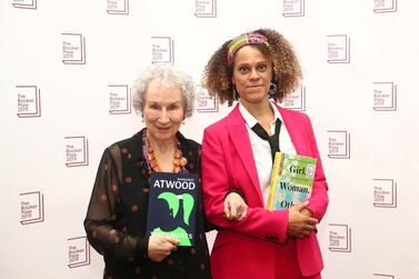 Margaret Atwood poses with Bernardine Evaristo after jointly winning the Booker Prize for Fiction 2019. Reuters.