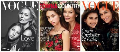 From left, Kate Moss and daughter Lila on the cover of Vogue Italia; Catherine Zeta-Jones and daughter Carys on the cover of Town & Country; and Cindy Crawford and daughter Kaia on the cover of Vogue Paris. Photos: Conde Nast, Hearst