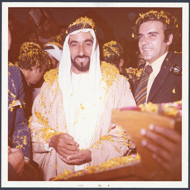 Sheikh Zayed and Zaki Nusseibeh covered in flower petals during a trip to India, 1975. Copyright Zaki Nusseibeh. All photos courtesy of the Akkasah Center for Photography at NYU Abu Dhabi