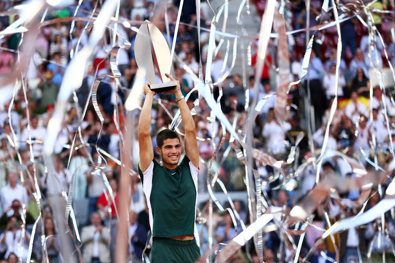 Carlos Alcaraz after beating Alexander Zverev to win the Madrid Open at La Caja Magica, on May 8, 2022. Getty