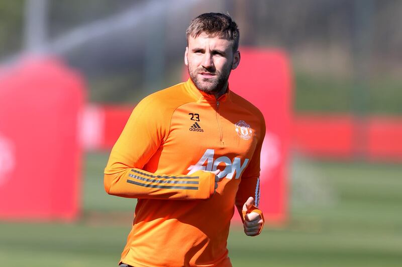 MANCHESTER, ENGLAND - APRIL 02:  Luke Shaw of Manchester United looks on during a first team training session at Aon Training Complex on April 2, 2021 in Manchester, England. (Photo by Matthew Peters/Manchester United via Getty Images)