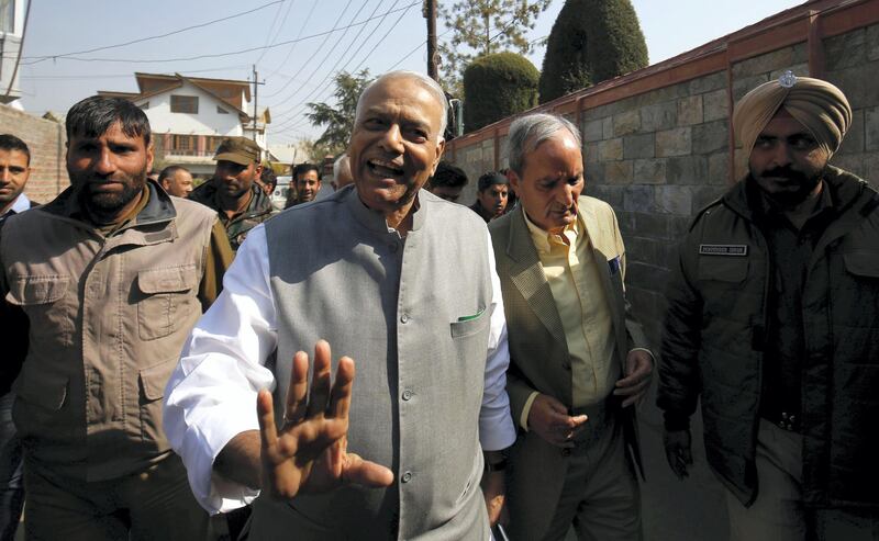 epa05602071 Former Indian external affairs minister, Yashwant Sinha leaves after meeting Chairman of the hardline faction of All Parties Hurriyat (Freedom) Conference, Syed Ali Geelani at his residence on the outskirts of Srinagar, the summer capital of Indian Kashmir, 25 October 2016. As part of Track II diplomacy, a five-member delegation led by Sinha met chairmen of the hardline and moderate factions of All Parties Hurriyat (Freedom) Conference, Syed Ali Geelani and Mirwaiz Umar Farooq. The delegation would also meet various civil society groups, trade bodies and pro-India politicians including Governor of Indian Kashmir Narinder Nath Vohra and Chief Minister Mehbooba Mufti and take stock of the ongoing unrest in Kashmir. Eighty nine civilians and two policemen have been killed, more than 10,000 injured and over 7000 arrested during the past 109 days of unrest following the killing of Hizb-ul-Mujahideen commander, Burhan Muzaffar Wani on 08 July.  EPA/FAROOQ KHAN *** Local Caption *** 53088363