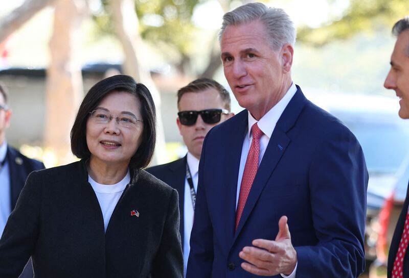 US House Speaker Kevin McCarthy greets Taiwanese President Tsai Ing-wen at the Ronald Reagan Presidential Library in Simi Valley, California. AFP