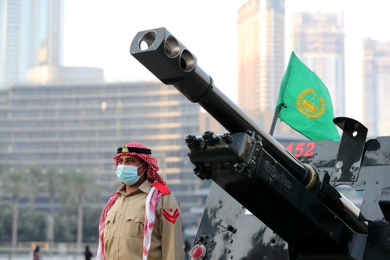 Dubai Police fire the Eid Al Fitr cannon to mark end of Ramadan at the Burj Khalifa, Dubai on May 12th, 2021. Chris Whiteoak / The National. 
Reporter: N/A for News