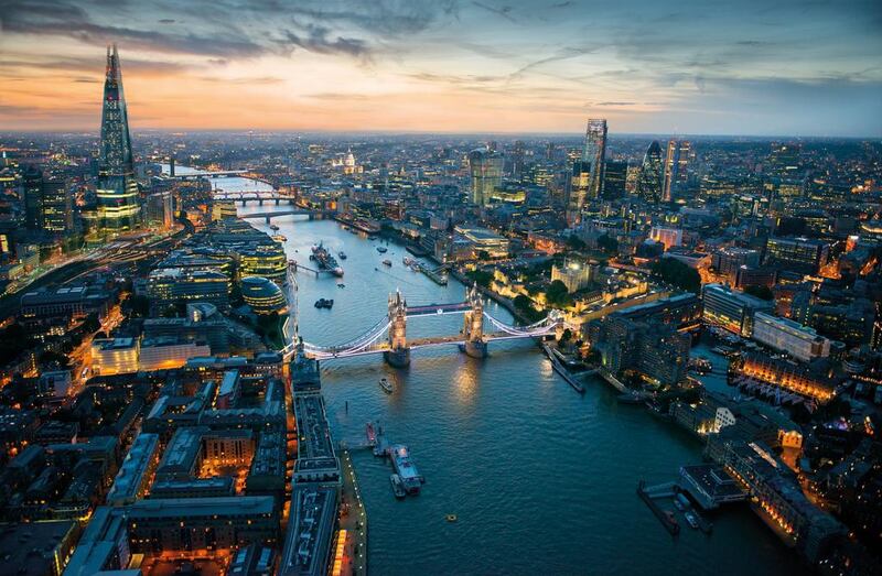 The view of Tower Bridge and the River Thames at night in London. Jason Hawkes / The View from The Shard