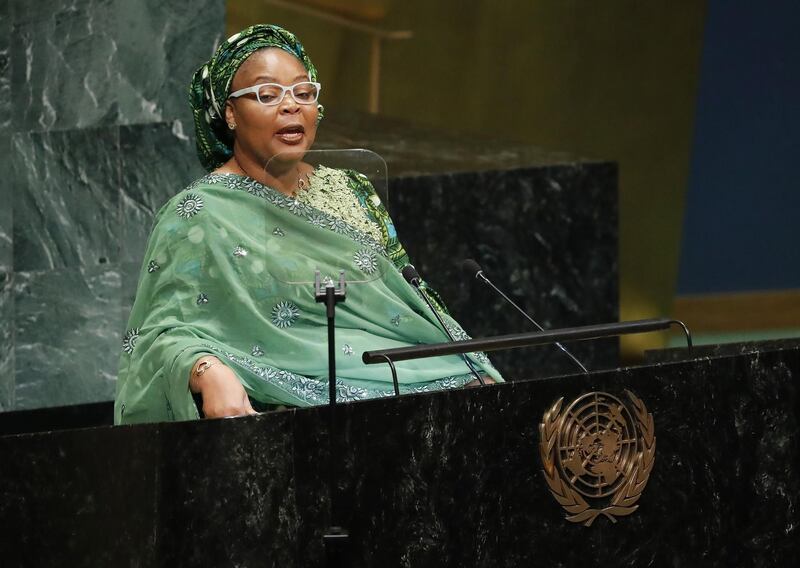 epa07045366 Nobel Peace Laureate Leymah Gbowee speaks during the 73rd session of the General Assembly of the United Nations at United Nations Headquarters in New York, New York, USA, 25 September 2018. The General Debate of the 73rd session begins on 25 September 2018.  EPA/JASON SZENES