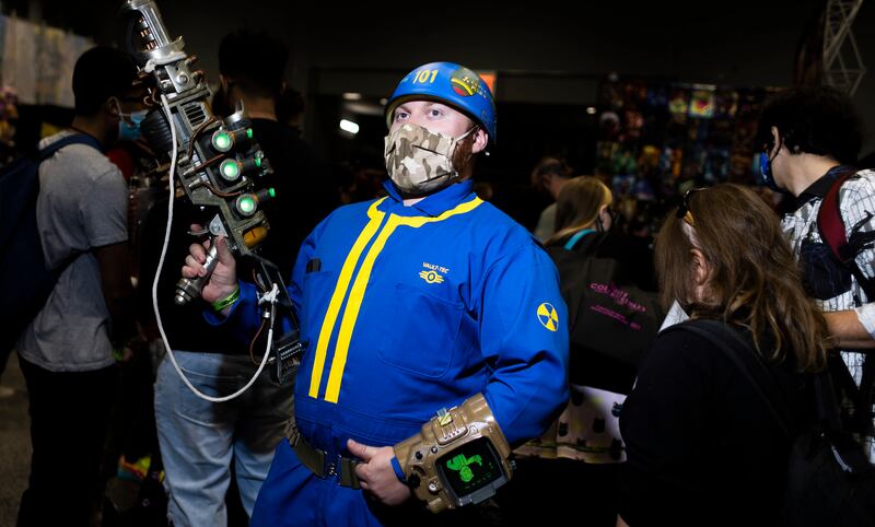 John Hara, of New York, cosplays as a Vault Dweller from 'Fallout' at New York Comic Con. Justin Lane / EPA