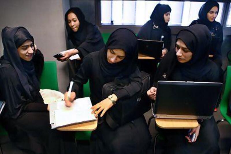 Students at Masdar Institute in Abu Dhabi where efforts are being made to support women who want to work in scientific jobs. DELORES JOHNSON / The National