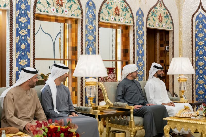 From left, Sheikh Mohamed bin Hamad, Private Affairs Adviser at the Presidential Court; Sheikh Hamdan bin Mohamed; Sheikh Abdullah bin Zayed, Minister of Foreign Affairs and International Co-operation; and Sheikh Nasser attend the meeting