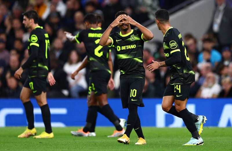 Sporting's Marcus Edwards celebrates after scoring against Tottenham. Getty