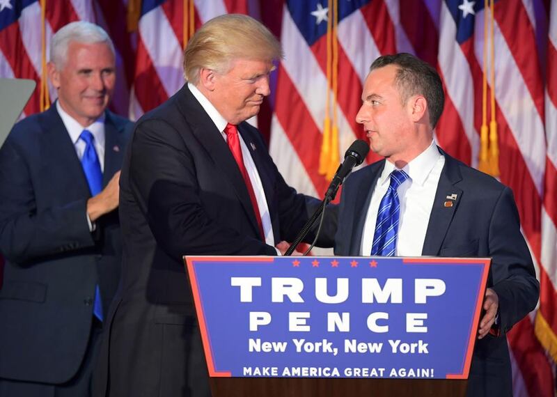 Chairman of the Republican National Committee Reince Priebus shakes hands with Republican president-elect Donald Trump as Republican candidate for Vice President Mike Pence looks on during election night at the New York Hilton Midtown in New York on November 9.  Jim Watson / AFP