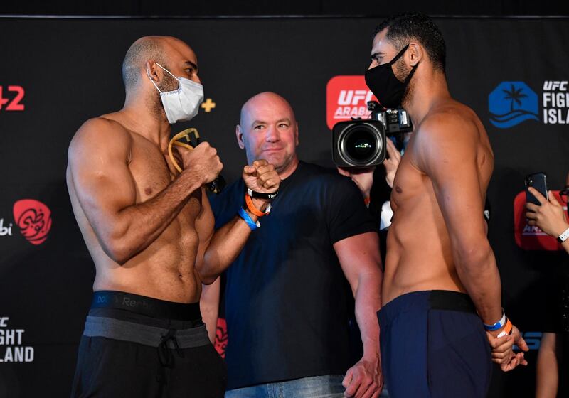 ABU DHABI, UNITED ARAB EMIRATES - JANUARY 19: (L-R) Opponents Warlley Alves of Brazil and Mounir Lazzez of Tunisia face off during the UFC weigh-in at Etihad Arena on UFC Fight Island on January 19, 2021 in Abu Dhabi, United Arab Emirates. (Photo by Jeff Bottari/Zuffa LLC) *** Local Caption *** ABU DHABI, UNITED ARAB EMIRATES - JANUARY 19: (L-R) Opponents Warlley Alves of Brazil and Mounir Lazzez of Tunisia face off during the UFC weigh-in at Etihad Arena on UFC Fight Island on January 19, 2021 in Abu Dhabi, United Arab Emirates. (Photo by Jeff Bottari/Zuffa LLC)