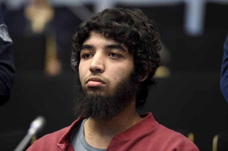 This picture taken on April 9, 2018 shows defendant Moroccan Abderrahman Bouanane waiting for the start of his trial in prison in Turku, Finland on April 9, 2018.
  Bouanane was handed life sentence by district court for two murders and 8 murder attempts, with terrorist intent, when he committed the knife attack in Turku on August 18, 2017. - Finland OUT
 / AFP / Lehtikuva / Antti AIMO KOIVISTO

