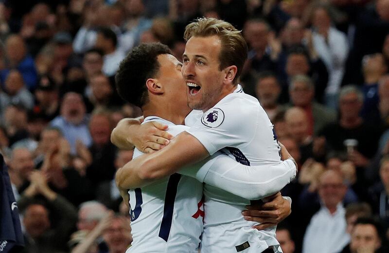 Soccer Football - Premier League - Tottenham Hotspur v Newcastle United - Wembley Stadium, London, Britain - May 9, 2018   Tottenham's Harry Kane celebrates scoring their first goal with Dele Alli    Action Images via Reuters/Andrew Couldridge    EDITORIAL USE ONLY. No use with unauthorized audio, video, data, fixture lists, club/league logos or "live" services. Online in-match use limited to 75 images, no video emulation. No use in betting, games or single club/league/player publications.  Please contact your account representative for further details.