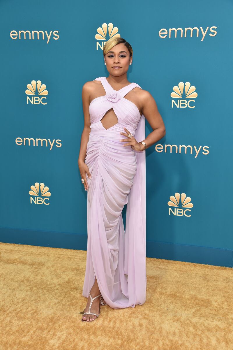 Ariana DeBose wearing light lilac Prabal Gurung. AFP 