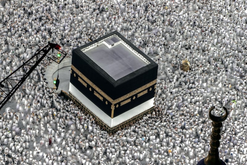 Muslim pilgrims circumambulate anti-clockwise around the Kaaba. Seven complete circuits constitute Tawaf, one of the principal rites of Hajj. AP