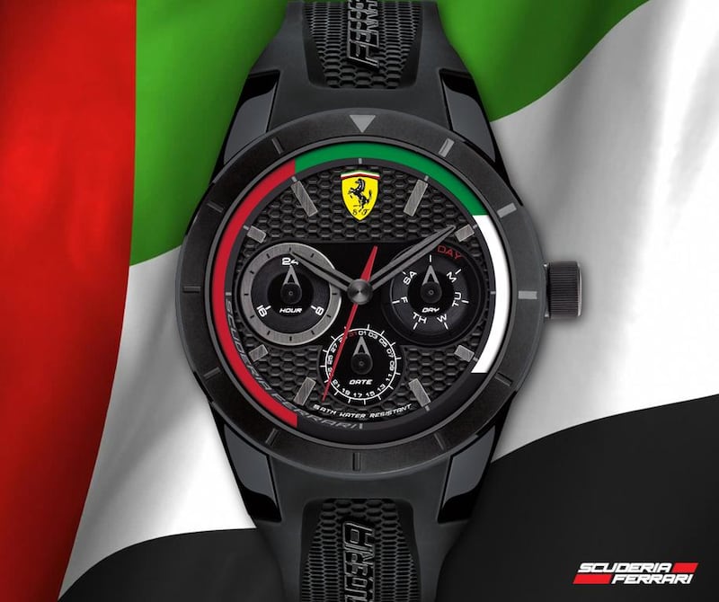 Special edition Ferrari RedRev chronograph watch for National Day. Courtesy of Ferrari