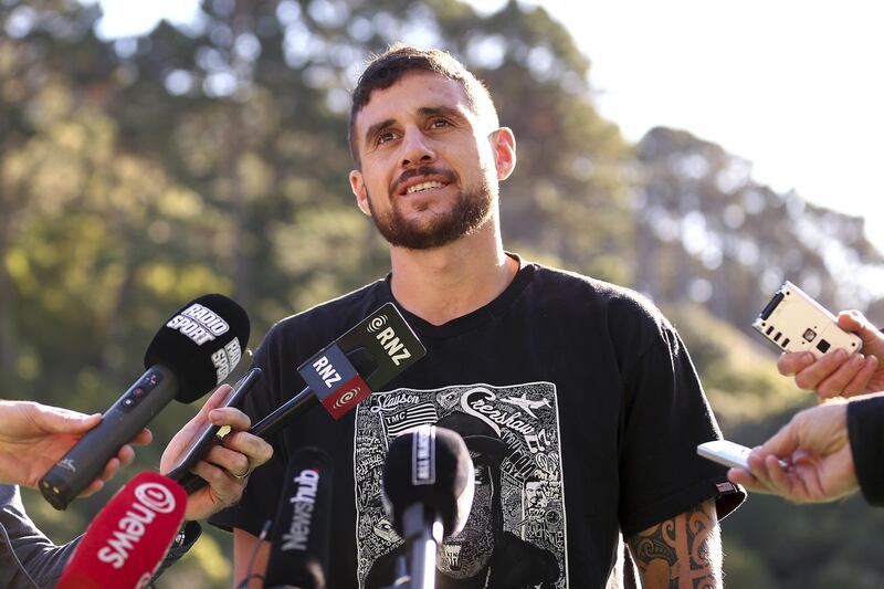 TJ Perenara speaks to media during a Hurricanes Super Rugby training session at Rugby League Park in Wellington, New Zealand. Getty Images