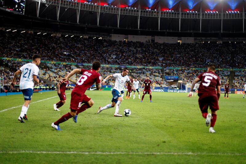 Argentina winger Angel Di Maria in action against Venezuela. EPA