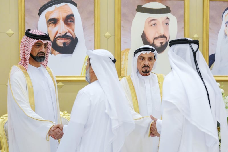 AJMAN, 15th June, 2018 (WAM) -- H.H. Sheikh Humaid bin Rashid Al Nuaimi, Supreme Council Member and Ruler of Ajman, this morning received Eid al-Fitr well-wishers at Al Zaher Palace, in the presence of H.H. Sheikh Ammar bin Humaid Al Nuaimi, Crown Prince of Ajman.

The visitors wished them well and for further progress and pride to the UAE and its people under the wise leadership of President His Highness Sheikh Khalifa bin Zayed Al Nahyan.

Sheikh Humaid bin Rashid and Sheikh Ammar bin Humaid also received Eid al-Fitr greetings from a number of Sheikhs, key officials in the government and private departments, top military and police officials, dignitaries, citizens and residents.

The reception was attended by Sheikh Ahmed bin Humaid Al Nuaimi, Ajman Ruler's Representative for Administrative and Financial Affairs, Sheikh Abdul Aziz bin Humaid Al Nuaimi, Chairman of Ajman Tourism Development Department, Sheikh Rashid bin Humaid Al Nuaimi, Chairman of the Ajman Municipality and Planning Department, Sheikh Dr. Majid bin Saeed Al Nuaimi, Chairman of the Ajman's Ruler Court, and a number of sheikhs and senior officials.