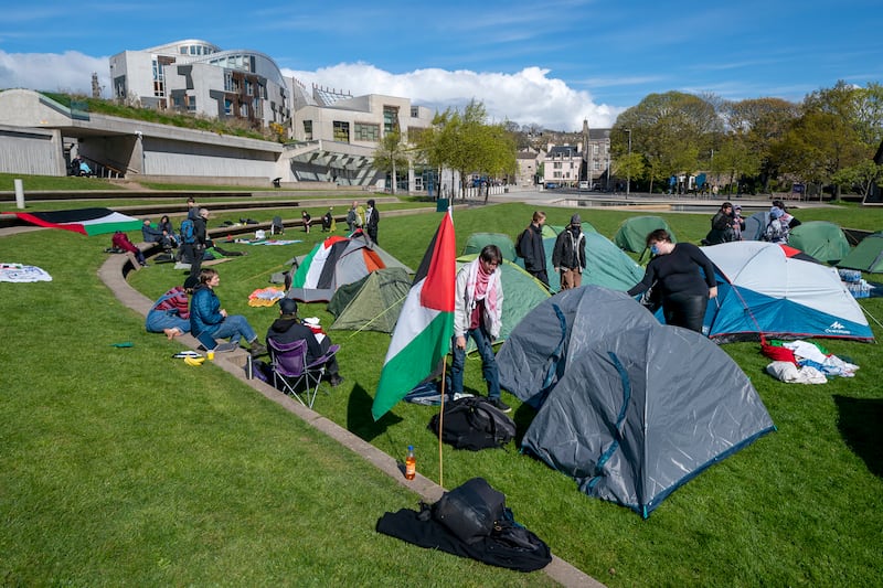 Pro-Palestine activists set up a camp in the grounds of the Scottish Parliament in Edinburgh. PA