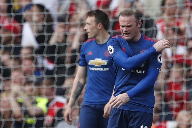 Manchester United's Wayne Rooney looks dejected after Arsenal score their second goal in a 2-0 win at Emirates Stadium on Sunday, May 7, 2017. John Sibley / Reuters 