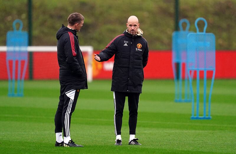 Manchester United manager Erik ten Hag and technical director Darren Fletcher during training. PA