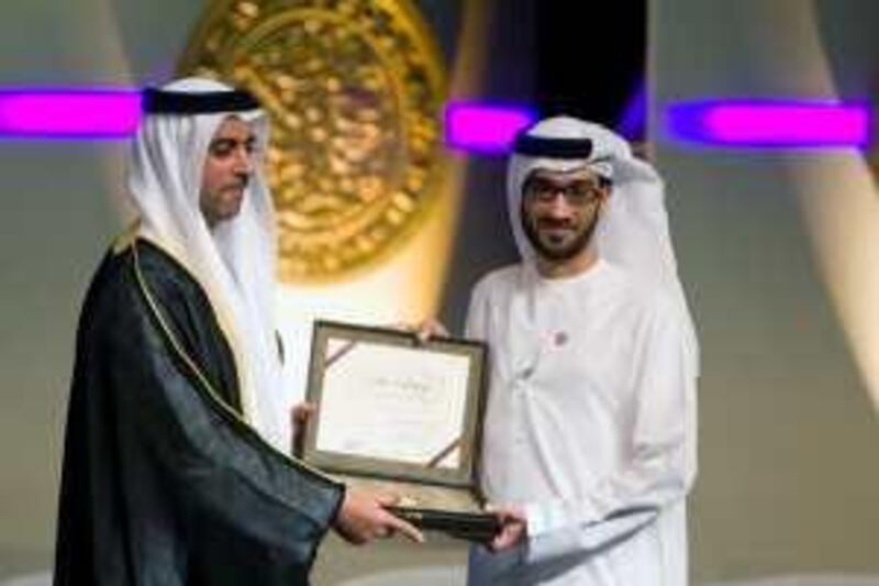 March 3, 2010 / Abu Dhabi / His Highness Lt. Gen. Sheikh Saif Bin Zayed Al Nahyan, UAE Minister of Interior, left, awards Qais Sedki for his book Gold Ring, which won for Children's Literature at the Sheikh Zayed Book Award on Wednesday March 3, 2010.  (Andrew Henderson / The National)

