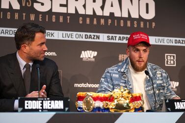 Jake Paul (right), co-owner of Most Valuable Promotions, and promotor Eddie Hearn during a press conference at The Leadenhall Building, London. Picture date: Monday February 7, 2022.