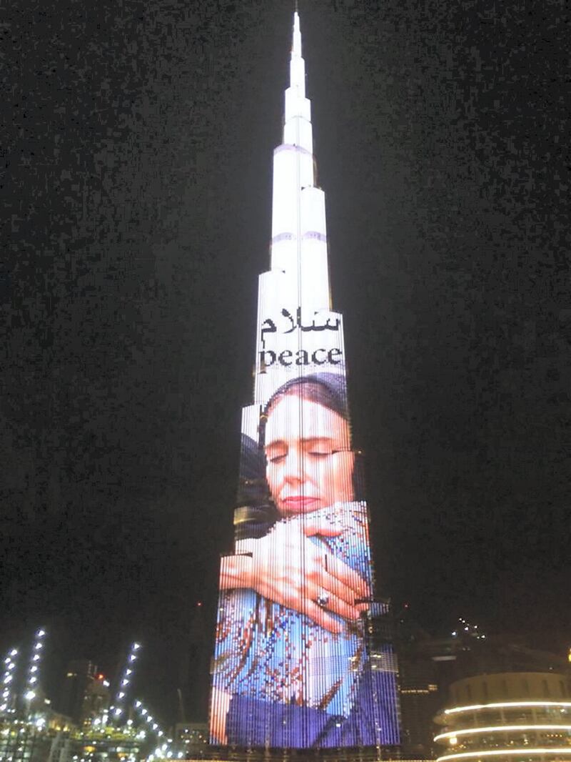 Burj Khalifa lit up with a picture of New Zealand's Jacinda Ardern as a tribute from the government and people of United Arab Emirates in the aftermath of the terror attack in Christchurch in 2019.