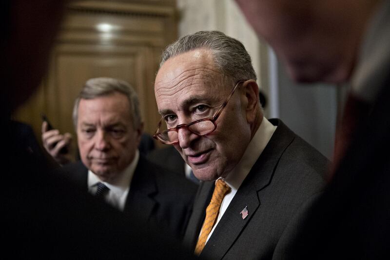 Senate Minority Leader Chuck Schumer, a Democrat from New York, speaks to members of the media at the U.S. Capitol after arriving from a meeting at the White House in Washington, D.C., U.S., on Wednesday, Jan. 9, 2019. President Donald Trump stormed out of a White House meeting with congressional leaders Wednesday as talks to end a nearly three-week government shutdown collapsed over his continued insistence on border wall funding. Photographer: Andrew Harrer/Bloomberg