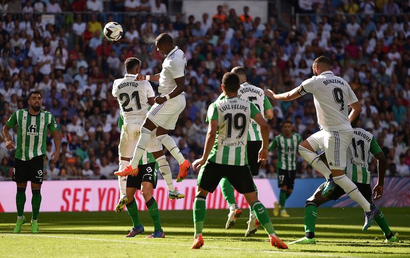 David Alaba of Real Madrid heads the ball during the match against Real Betis. Getty Images