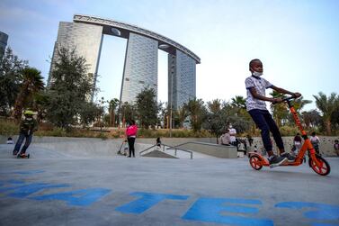 The skate area at Al Fay Park on Abu Dhabi's Reem Island, with Gate Towers visible in the background. Victor Besa / The National