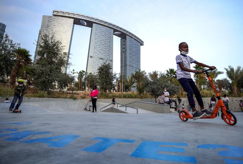Abu Dhabi, United Arab Emirates, January 21, 2021.  The skate area in Al Fay Park on Reem Island.
Victor Besa/The National 
Section:  LF
Reporter: Panna Munyal