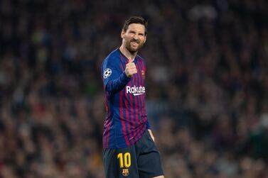 BARCELONA, SPAIN - APRIL 16: Lionel Messi of Barcelona gestures during the UEFA Champions League Quarter Final second leg match between FC Barcelona and Manchester United at Camp Nou on April 16, 2019 in Barcelona, Spain. (Photo by Matthias Hangst/Getty Images)