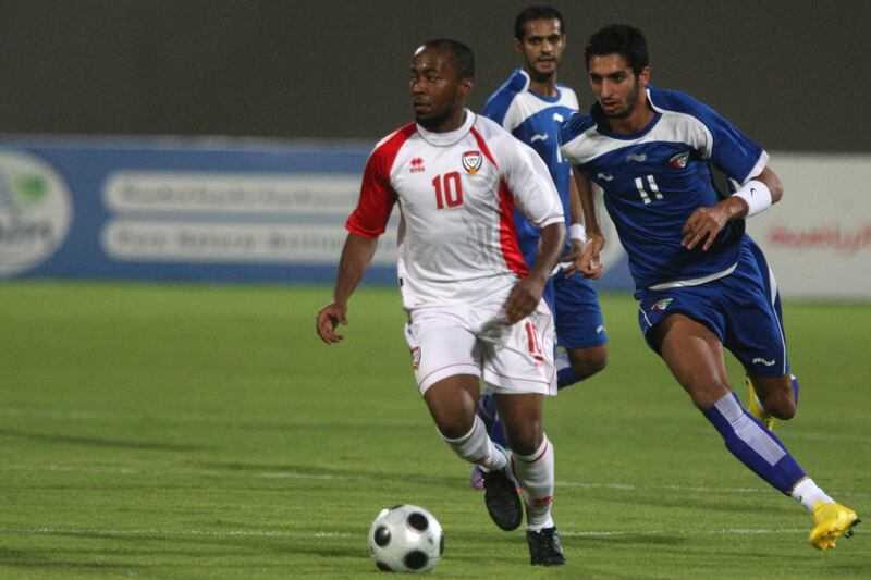 United Arab Emirates - Abu Dhabi - September 7th, 2010:  Ismail Matar of the UAE national football team runs the ball up field in a match against the Kuwait national team.  (Galen Clarke/The National)