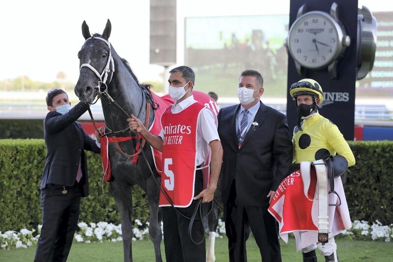 Dubai, United Arab Emirates - Reporter: Amith Passela. Sport. Horse Racing. Canvassed ridden by Patrick Dobbs and trained by Doug Watson wins the Mahab Al Shimaal on Super Saturday at Meydan. Dubai. Saturday, March 6th, 2021. Chris Whiteoak / The National