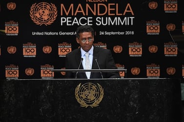 Danny Faure, president of the Seychelles, addresses the Nelson Mandela Peace Summit September 24, 2018. AFP