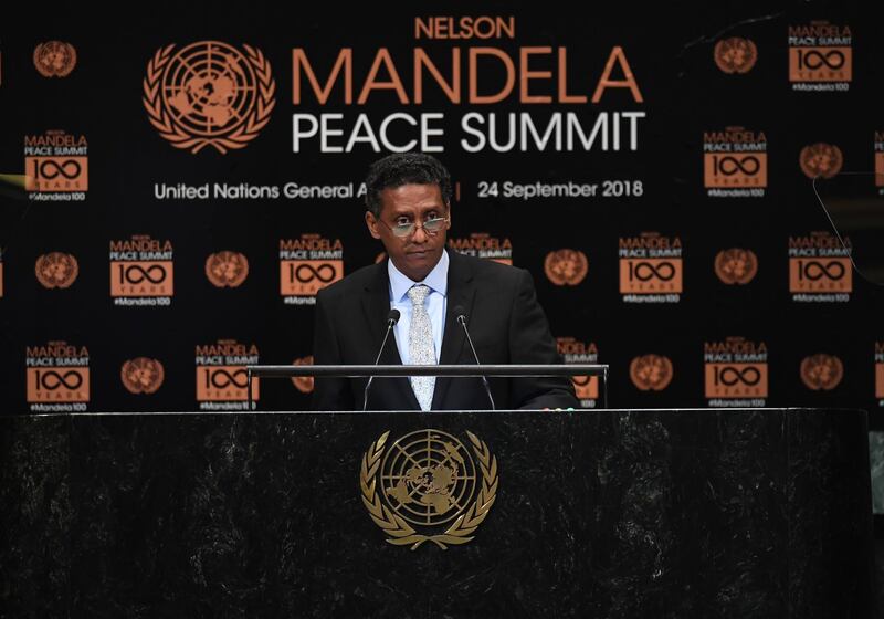 Danny Faure President of Seychelles, addresses the Nelson Mandela Peace Summit September 24, 2018 a day before the start of the General Debate of the 73rd session of the General Assembly at the United Nations in New York.
 The focus of the Nelson Mandela Peace Summit is on Global Peace in honour of the centenary of the birth of Nelson Mandela. / AFP / TIMOTHY A. CLARY

