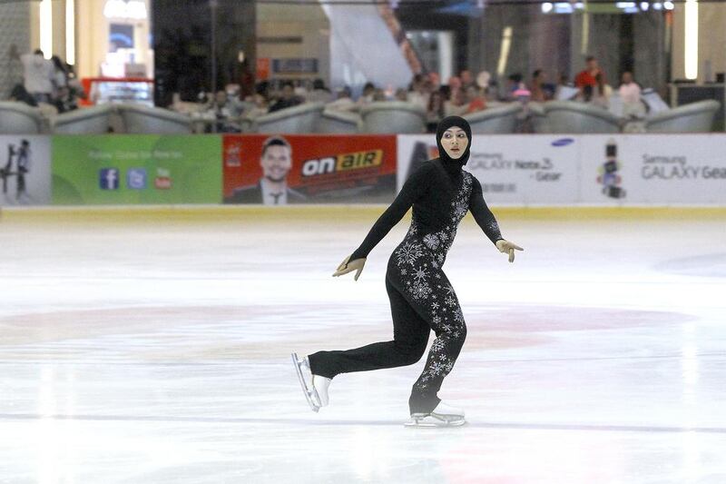 Zahra Lari, is the first international competitive Emirati figure skater, competing at the Dubai Golden Cup, International Figure Skating Competition, held at the Dubai Mall Ice Rink. Jeffrey E Biteng / The National